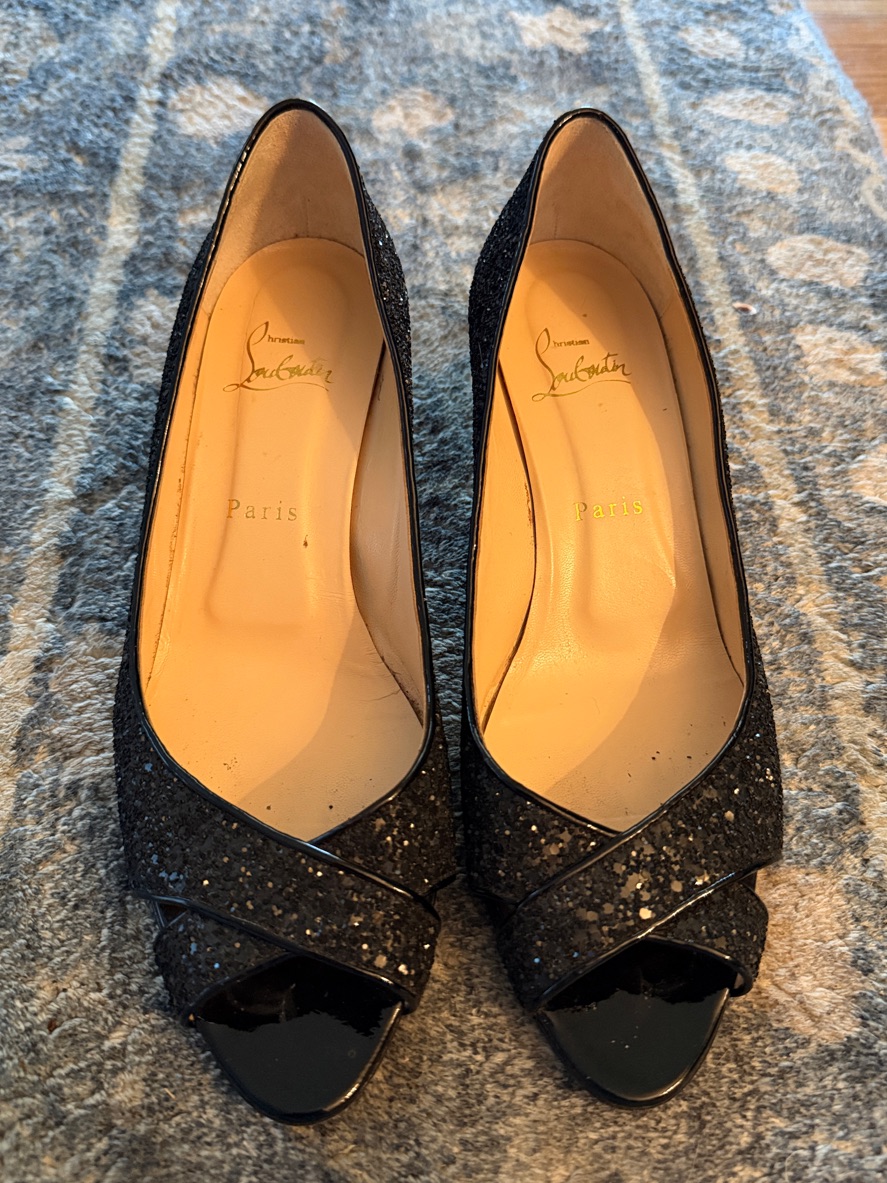 Christian Louboutin Black Glitter Open-Toe Kitten Heels